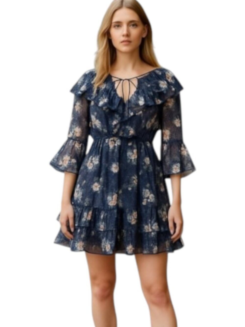 NEW Small POL Floral Sheer Navy Mini Dress Ruffles Lined 3/4 Sleeves Tassel Boho